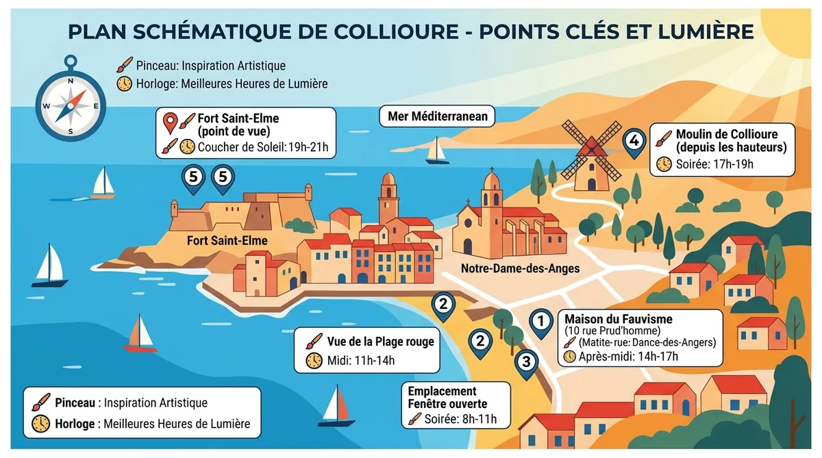 Carte itinéraire Chemin du Fauvisme Collioure avec spots de peinture