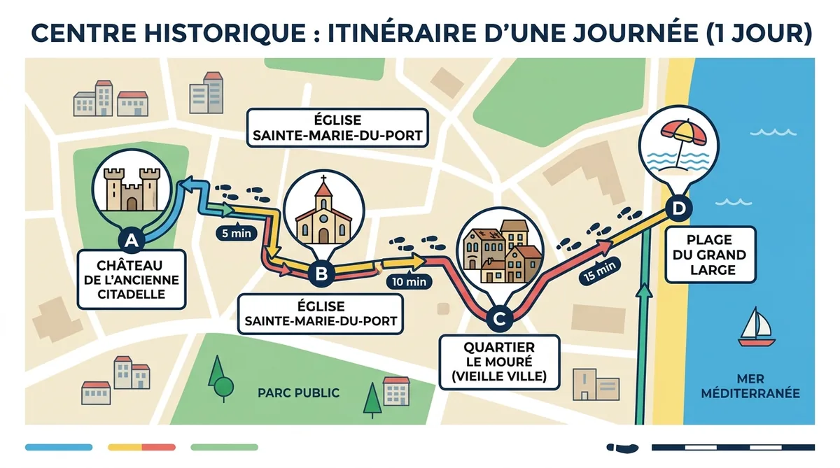 Plan itinéraire piéton une journée à Collioure avec temps de marche