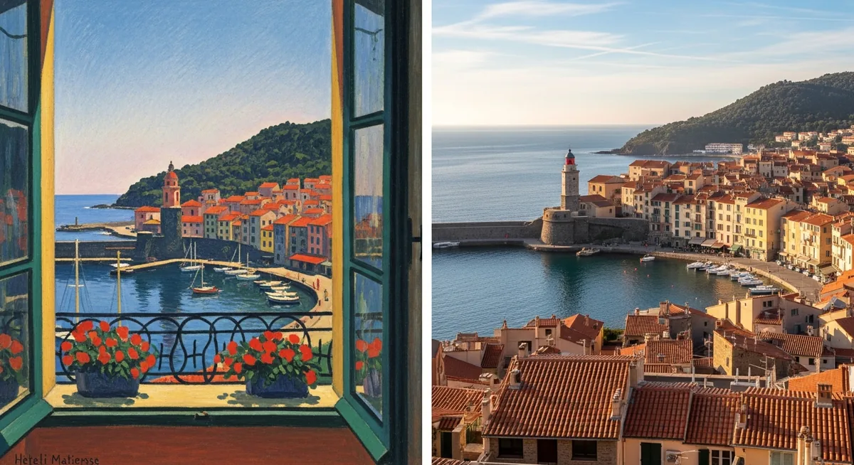 Comparaison tableau Fenêtre ouverte Matisse et vue actuelle port Collioure