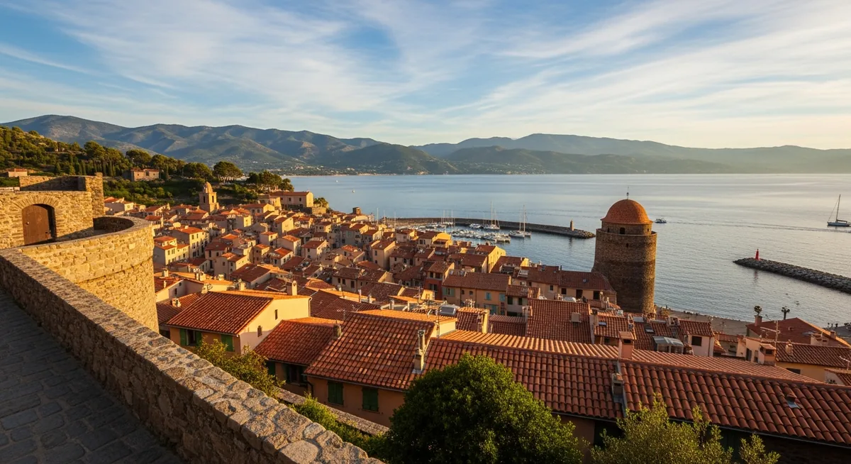 Panorama depuis le château royal sur Collioure et la Côte Vermeille
