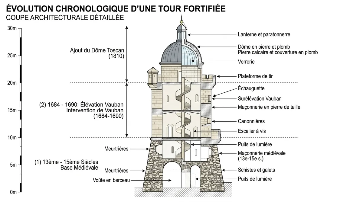 Schéma évolution architecturale phare clocher Collioure