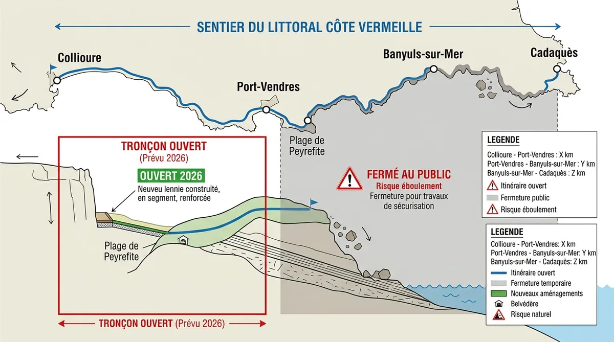 Schéma sentier littoral Collioure sections ouvertes et fermées 2026