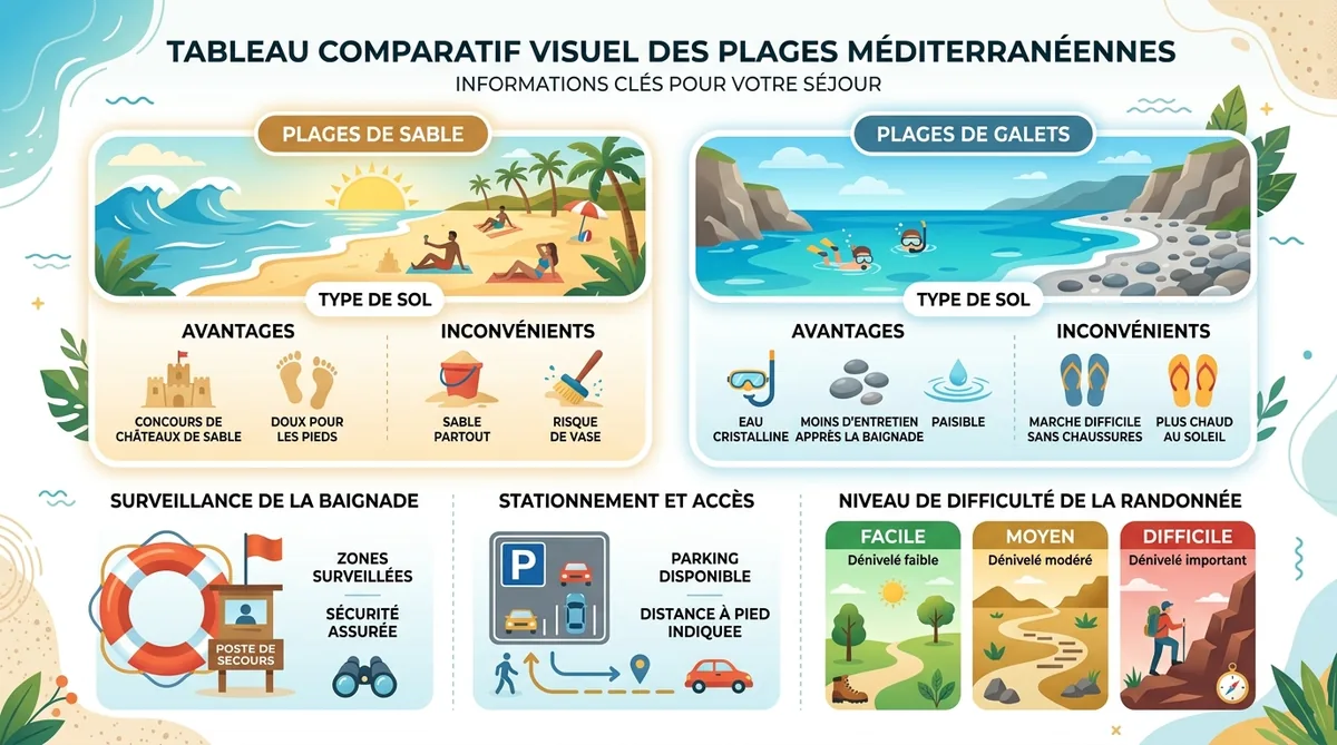 tableau comparatif plages collioure sable galets accès surveillance