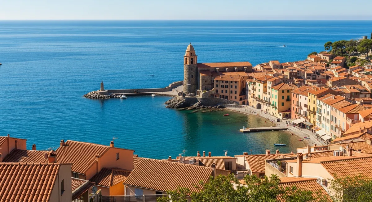 Vue panoramique phare Collioure depuis Jardin Pams