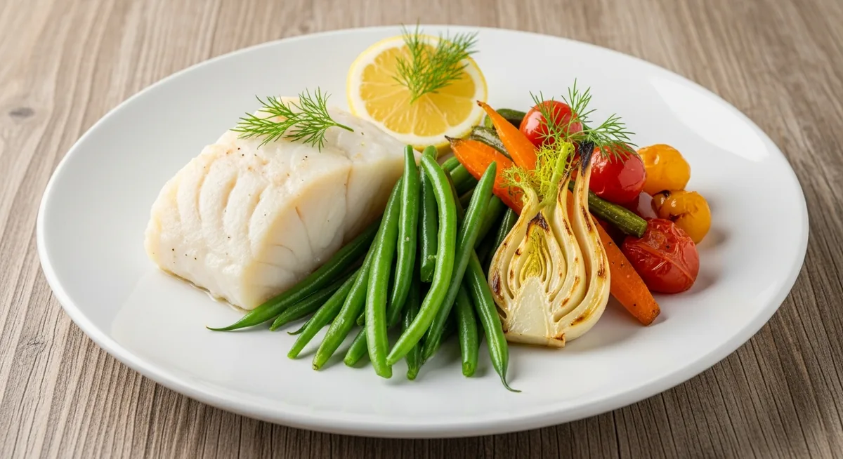 Assiette de cabillaud avec haricots verts vapeur et légumes rôtis