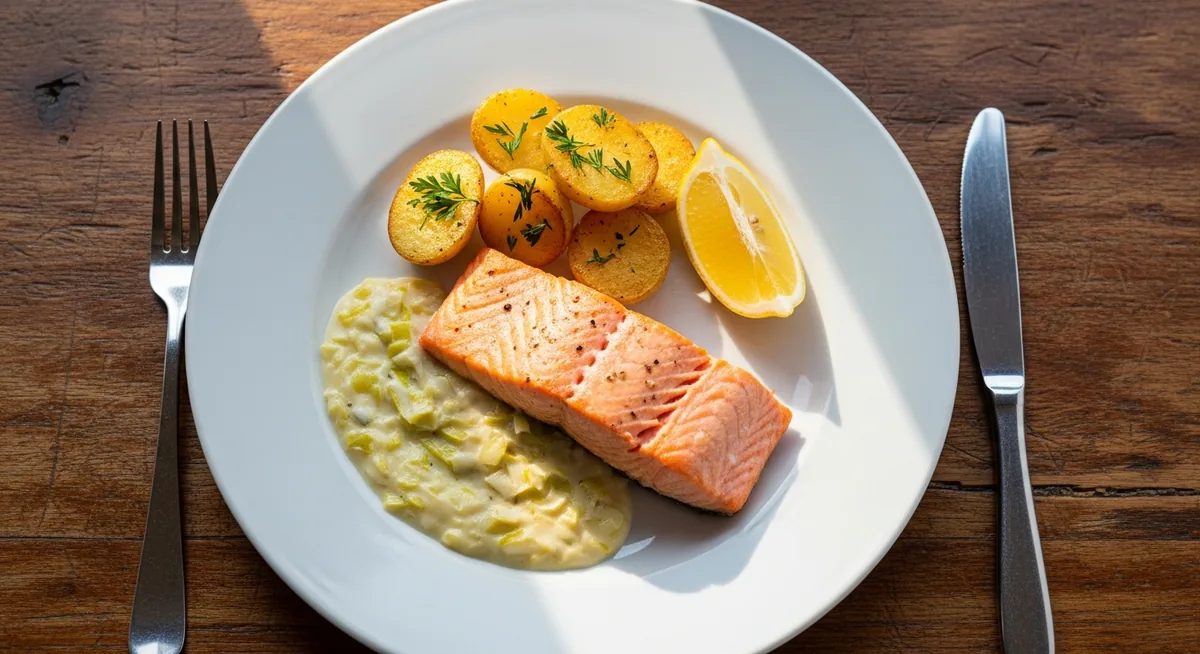 Pavé de saumon poêlé avec fondue de poireaux et pommes de terre grenaille
