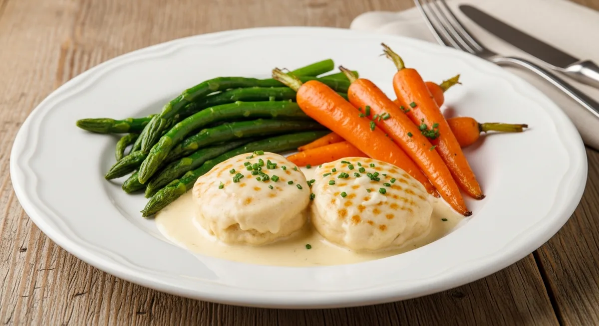 Assiette quenelles sauce Nantua avec haricots verts vapeur et carottes rôties