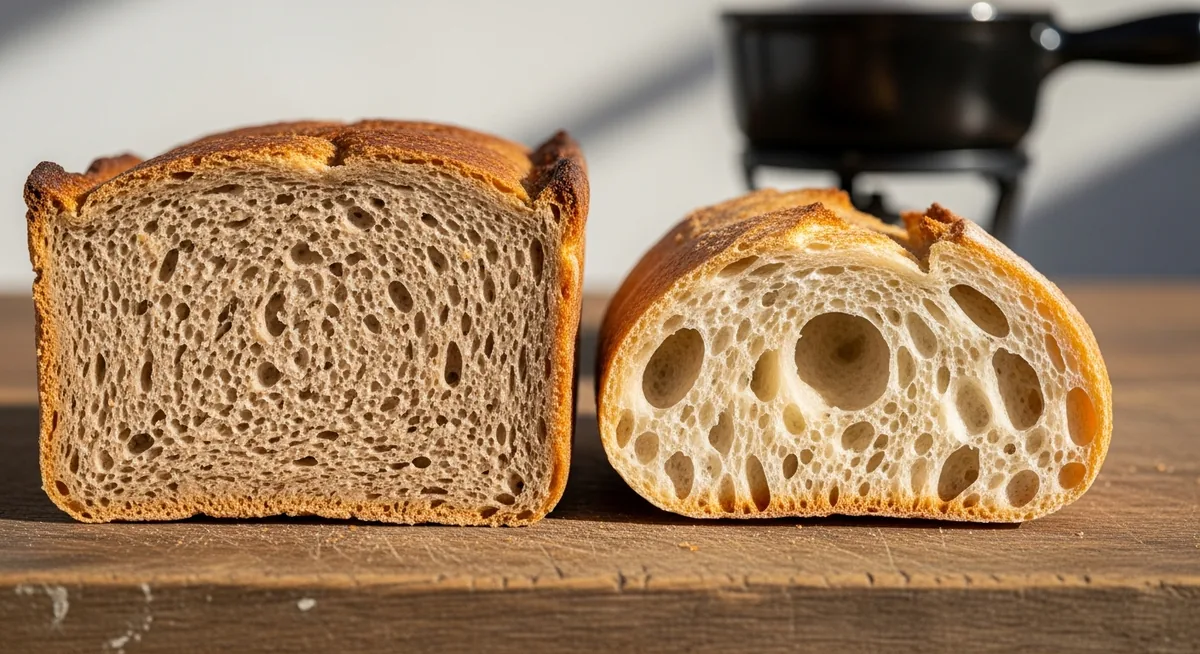 Comparaison pain de campagne dense vs baguette industrielle trouée pour fondue