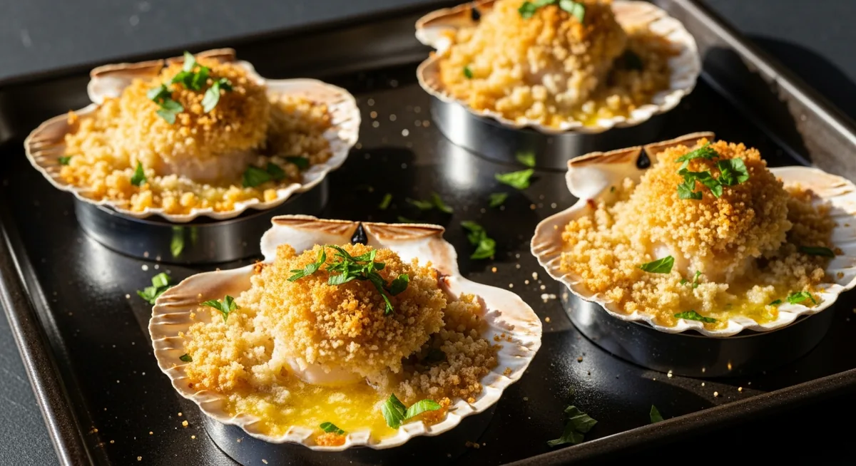 Coquilles Saint-Jacques à la bretonne gratinées chapelure dorée four