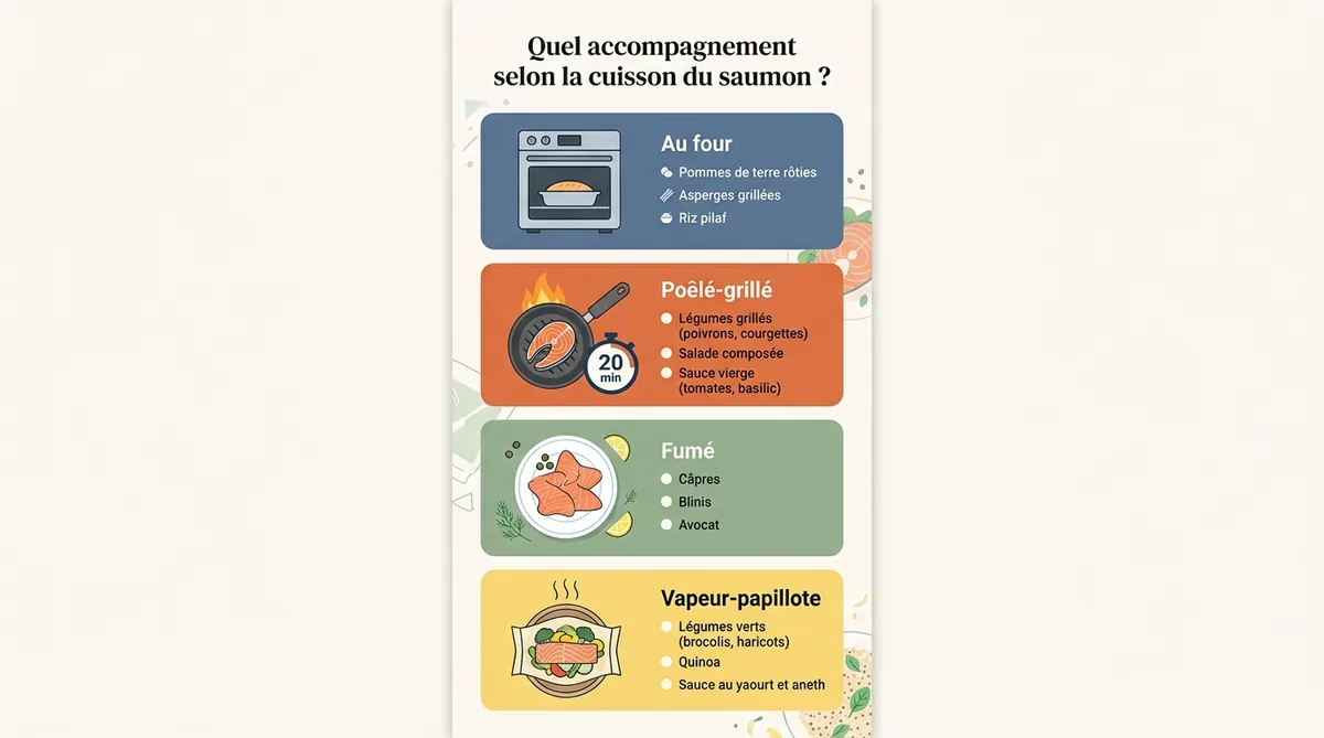 Infographie accompagnement saumon selon mode de cuisson four poêle fumé vapeur