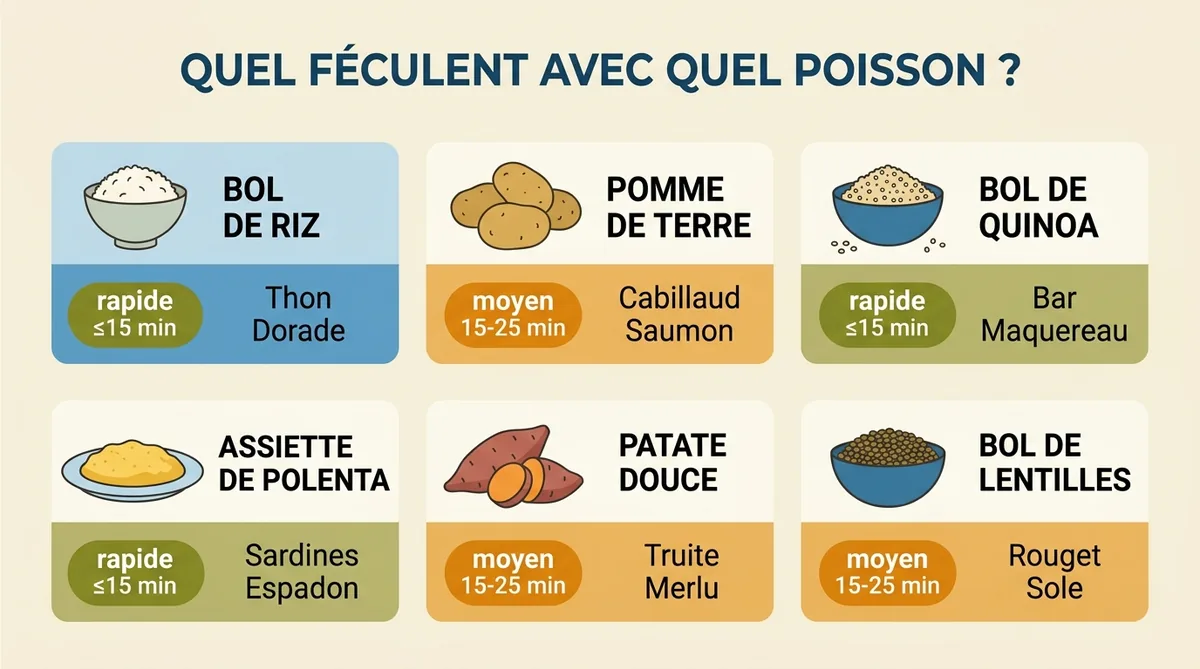 Infographie féculents et céréales pour accompagner le poisson avec temps de cuisson