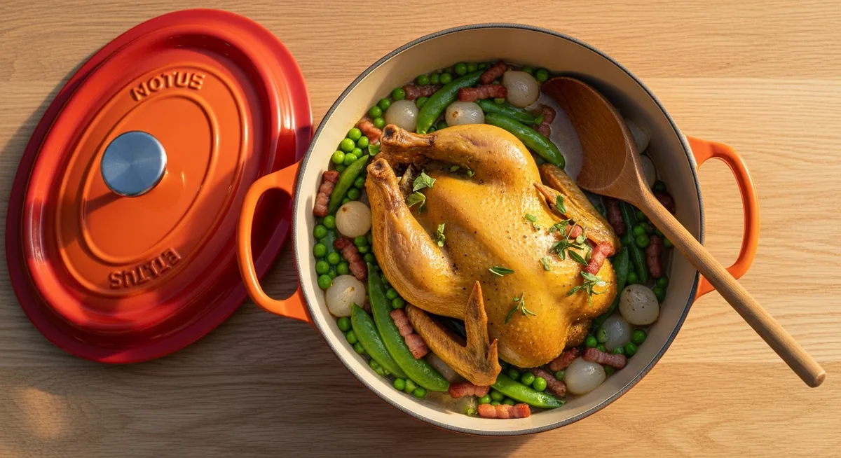 Pigeon en cocotte avec petits pois lardons et sauce