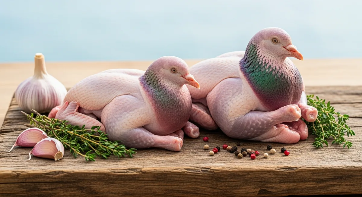 Pigeons crus sur planche en bois avec thym et ail