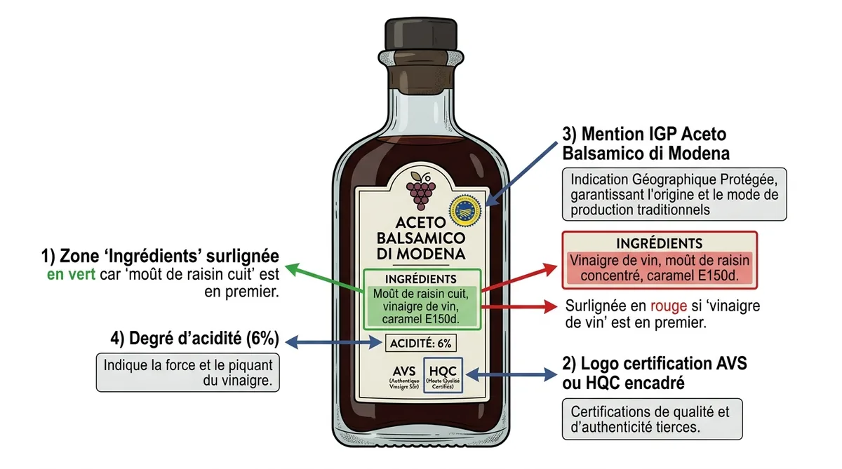 Schéma lecture étiquette vinaigre balsamique halal