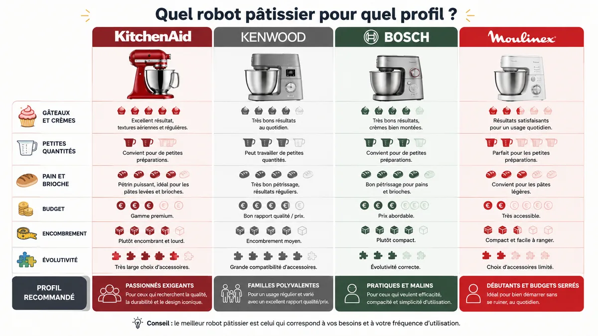 Comparatif visuel des meilleurs robots pâtissiers par usage