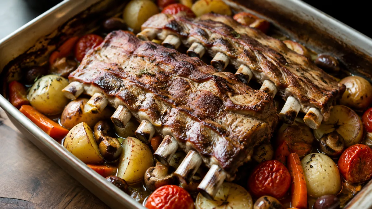 Travers de porc au four avec légumes et olives