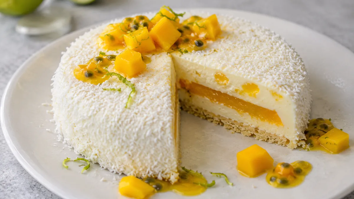 Part d'entremets mangue passion coco avec insert fruité