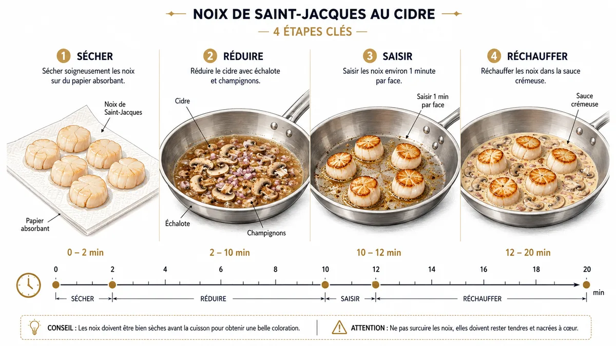 Étapes de cuisson rapide des Saint-Jacques à la normande