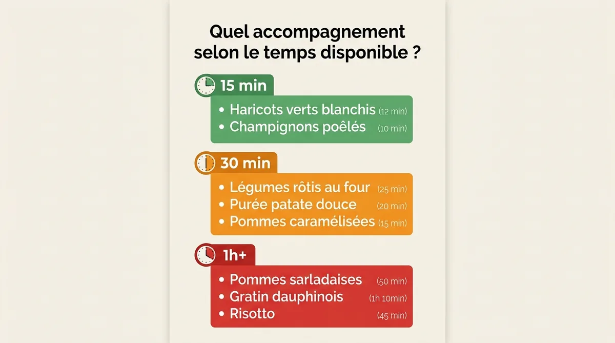 Infographie accompagnement magret de canard selon le temps disponible : 15 min, 30 min, 1h+