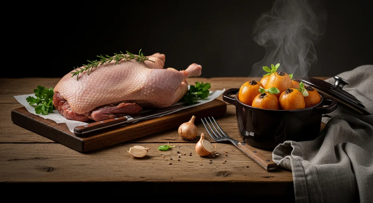 Magret de canard tranché accompagné de pommes de terre sarladaises dorées à la graisse de canard