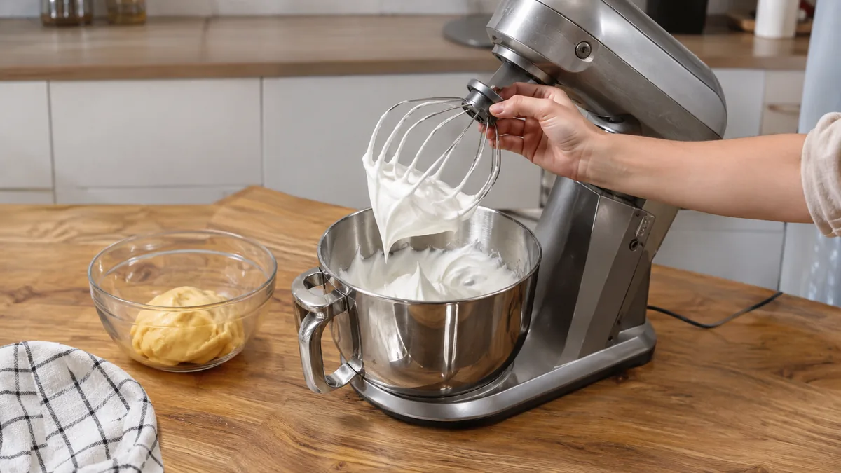 Robot pâtissier compact avec bol et accessoires sur plan de travail