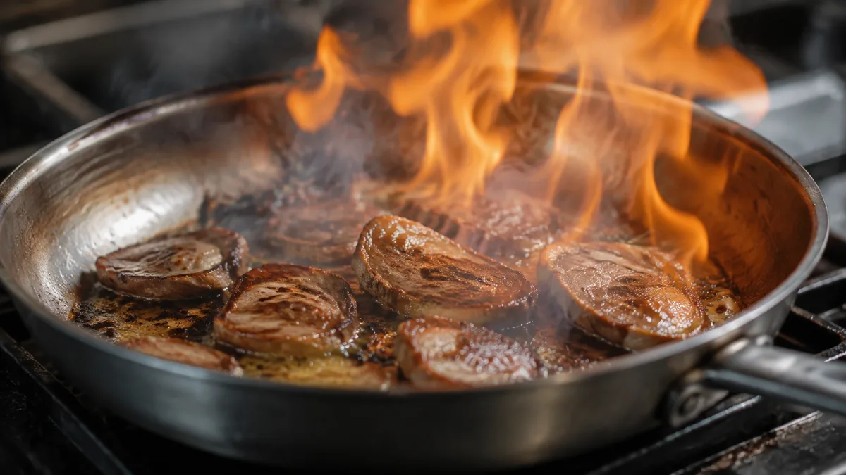 Rognons de veau flambés au cognac dans une poêle chaude