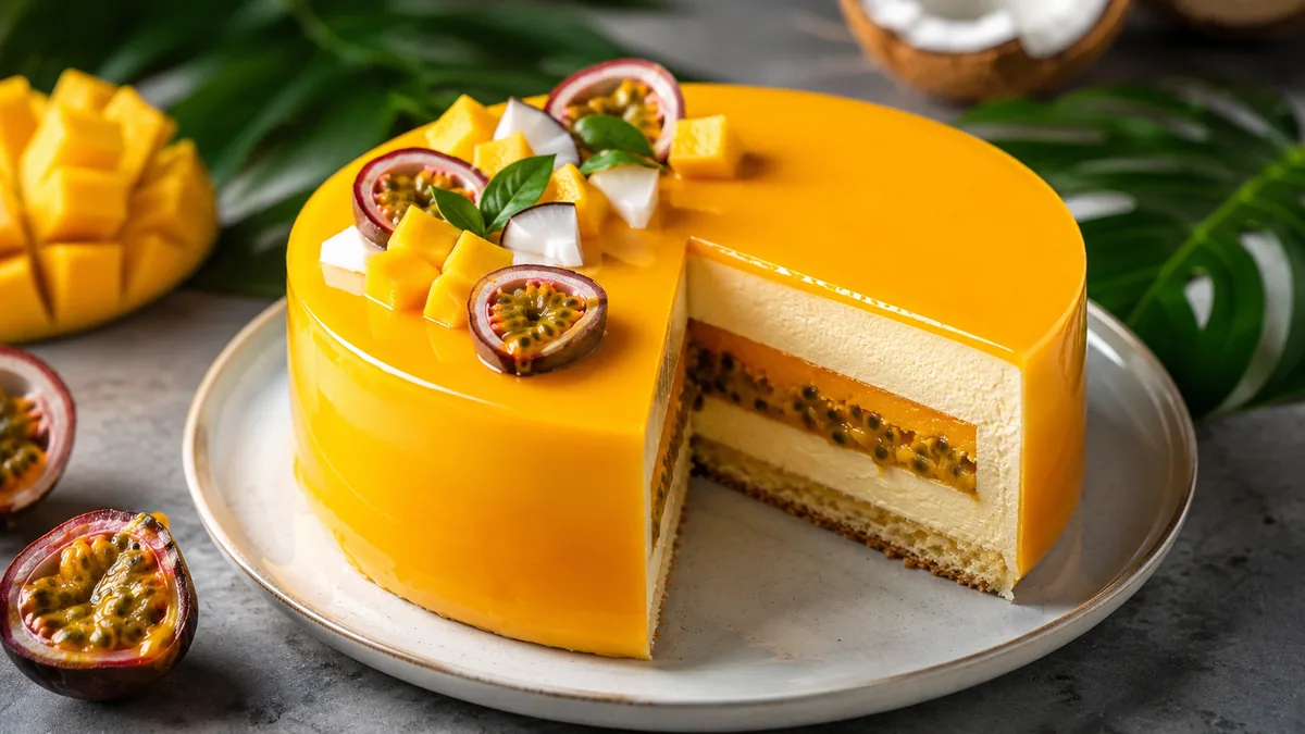 Schéma en coupe d'un entremets mangue passion coco