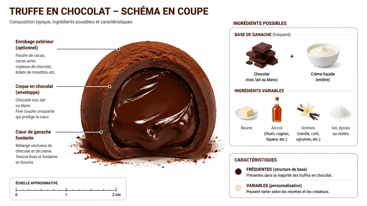 Schéma en coupe d'une truffe au chocolat fourrée