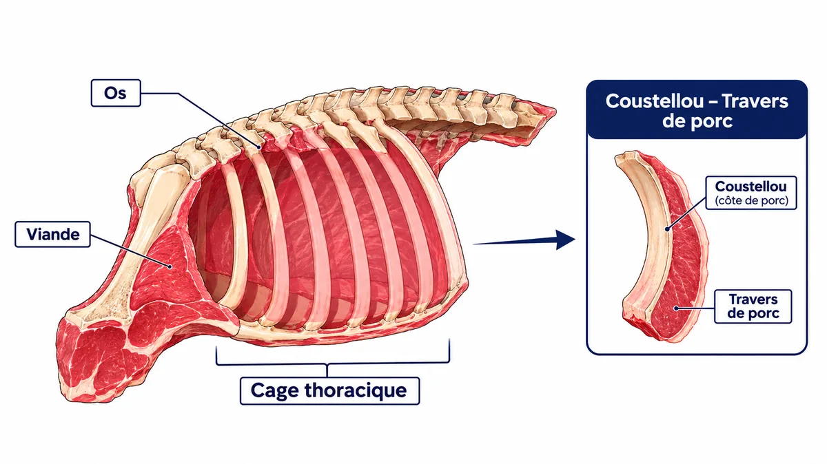 Schéma annoté de la découpe de travers de porc