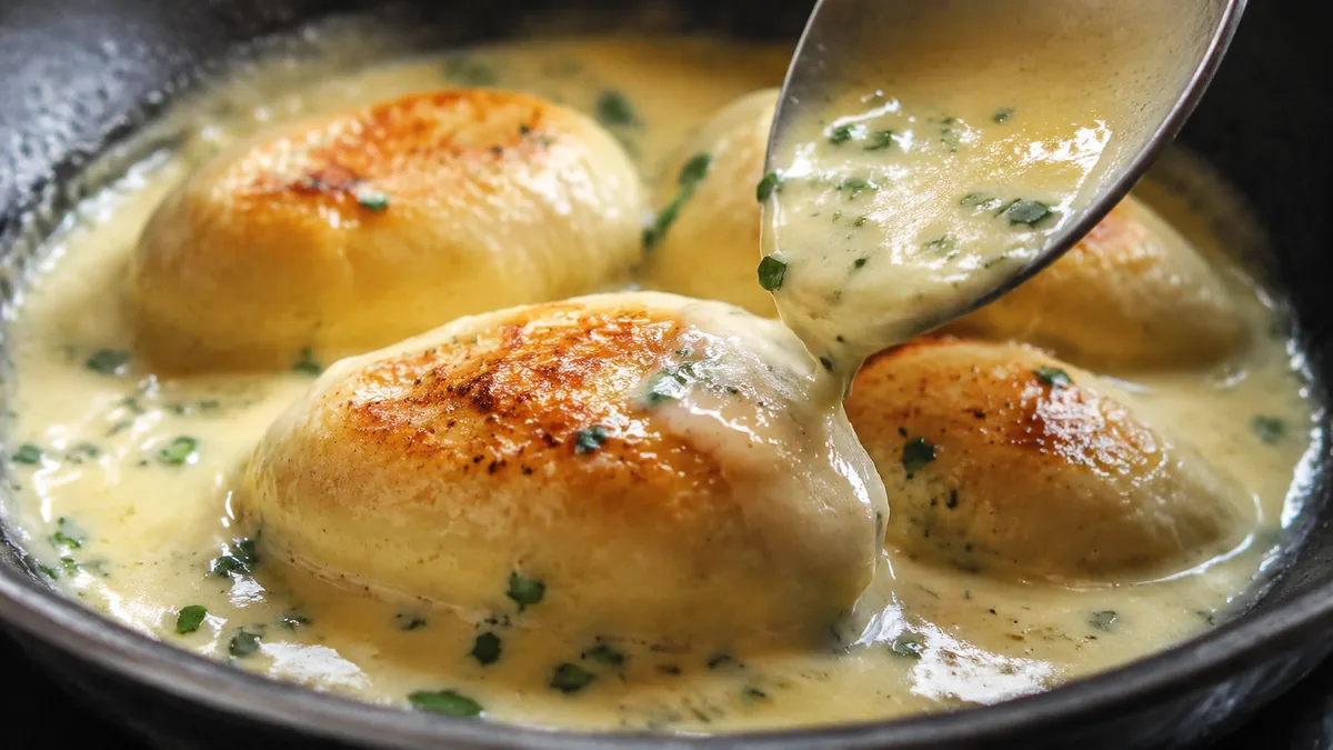 Schéma technique disposition quenelles dans plat à four avec espacement et niveau de sauce